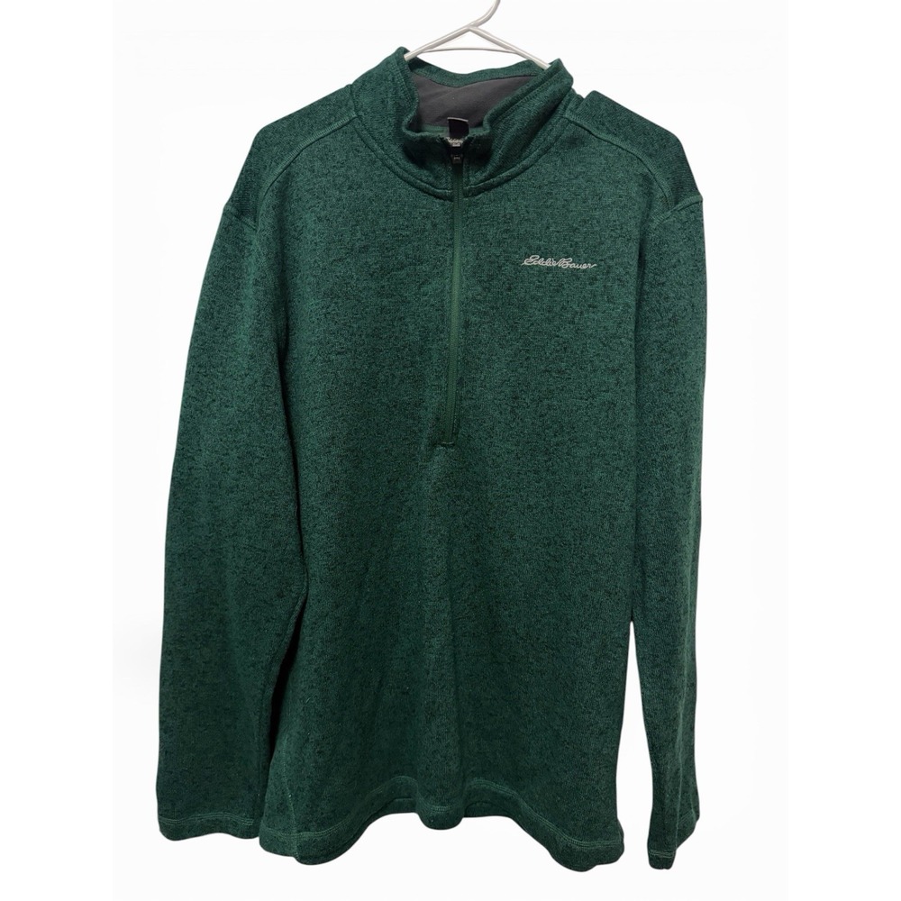 Eddie Bauer Men XL Quarter Zip Pullover Fleece Sweater Green Mock Neck Polyester
